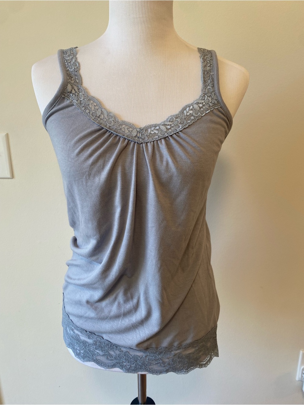 Cato Women's Gray Lace Trim Camisole Top – Ruched V-Neck Layering Tank